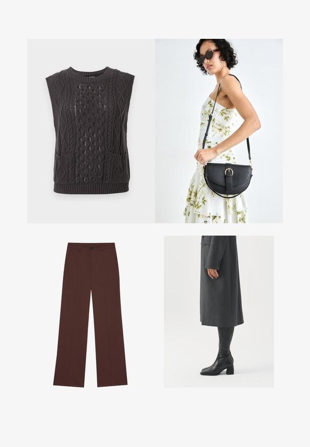 Temno siva pletena brezrokavnik s zapletenimi kabelskimi vzorci, teksturirano blago, okroglo ovratnikom in dvema sprednjima žepoma.; Široke hlače iz bogateg rjavega blaga. S funkcijo zaklepanja z gumbom, dvema sprednjima žepoma, gladko teksturo in čistimi liniami.; Siv prešita zimska plašča ravnega kroja; obuta z visokimi črnimi usnjenimi škornji, ki imajo kvadratni nos in debel pet.; Črna usnjena torbica s ukrivljeno obliko, z odstranljivo naramnico in zlatimi dodatki. Torbica ima pokrov s podrobnostmi v obliki zaponke.