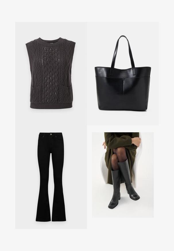 Pulôver sem mangas em tricô cinza escuro com padrões de cabos intrincados, tecido texturizado, gola redonda e dois bolsos frontais.; Jeans pretos de cintura alta com fecho de botão e zíper, bolsos frontais e pernas largas dispostos em cima de um fundo branco.; Botas de couro pretas até ao joelho com biqueira quadrada e salto em bloco, apresentadas com um modelo sentado num casaco verde-azeitona. Textura lisa, com detalhes mínimos.; Bolsa tote preta em couro com duas alças longas, textura suave e forma estruturada. Apresenta um bolso frontal para armazenamento adicional.