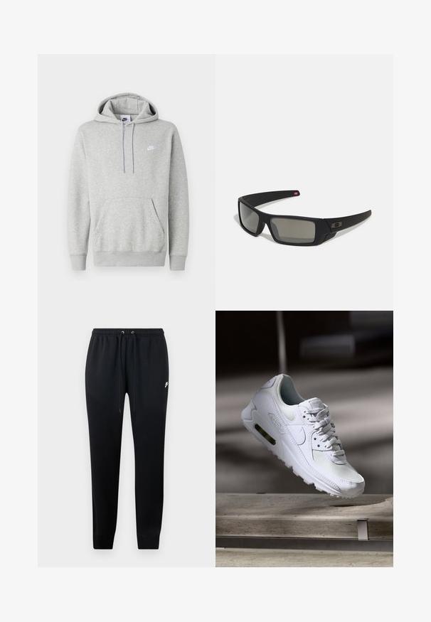 Camisola com capuz cinza claro feita de tecido macio, apresentando um bolso canguru, capuz com cordão ajustável e um pequeno logotipo branco no peito.; Calças de moletom pretas feitas de um tecido macio, com uma cintura elástica e cordões, punhos nas pernas e um pequeno detalhe do logo de lado.; Sapatilha Nike Air Max 90 branca com parte superior em malha e couro, caixa de dedos perfurada e uma unidade de ar visível no calcanhar.; Óculos de sol pretos com acabamento mate, lentes retangulares, leve curvatura nas hastes, detalhe sutil do logo e lentes de cor fumada.