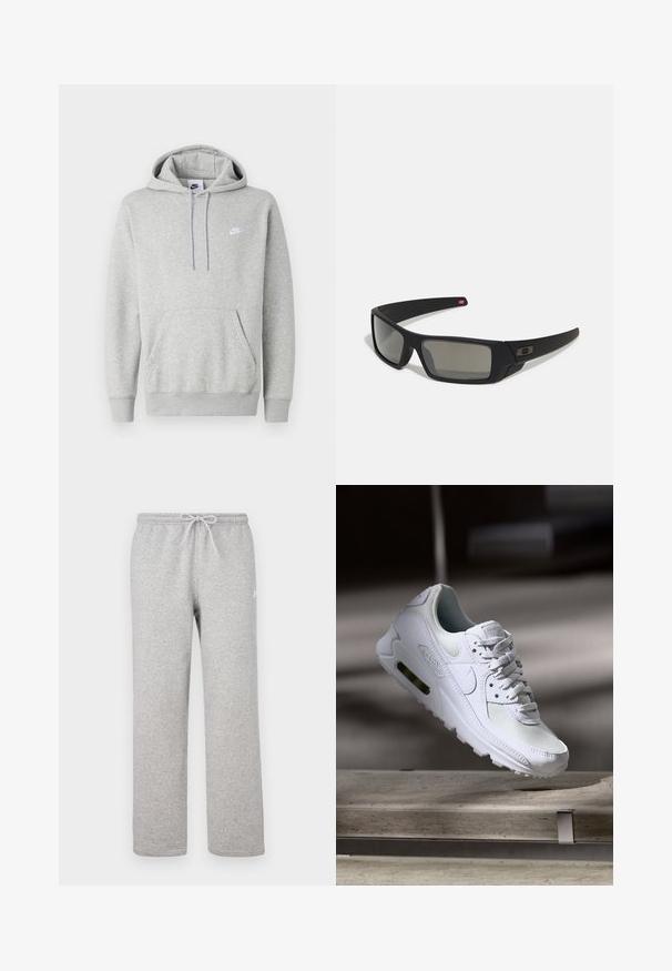 Lys grå hettegenser laget av mykt stoff, med kengurulomme, snor i hetten og en liten hvit logo på brystet.; Grå joggebukse med elastisk midjebånd og snor. Laget av mykt stoff, de har rette ben og subtil logodetalj.; Hvit Nike Air Max 90 sneakers med øvre del laget av mesh og skinn, perforert tåboks og en synlig luftenhet i hælen.; Sorte solbriller med mat finish, rektangulære linser, lett kurv på brillestengene, diskret logo detaljer, og røyktinted linser.