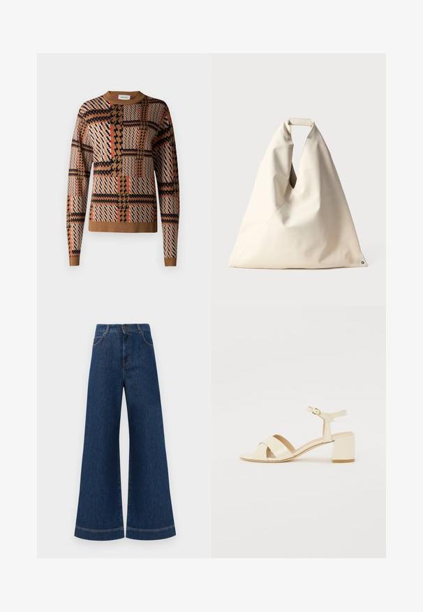 ruskea kuviollinen villapaita, jossa on ruudullisia ja geometrisia kuvioita mustassa, punaisessa ja kermaisen vaaleassa. Viimeistelty ribbineckin ja helman ansiosta.; Siniset farkut leveällä lahkeella ja korkealla vyötäröllä, jossa on nappikiinnitys, vyölenkit sekä huomaamattomat tikkaus yksityiskohdat taskuissa ja lahkeissa.; Beige patento nahkapohjalliset korkokengät ristiin menevällä hihnalla, avonaisella varpaalla, säädettävällä nilkkahihnalla ja lohkarekorolla. Sujuva pinta.; Beige, pehmeätekstuurinen laukku, jossa on ainutlaatuinen kiertynyt kahva ja vinosauma-ominaisuus. Minimalistinen muotoilu, jossa on pyöreä yksityiskohta pohjassa.