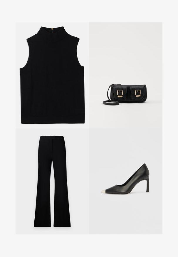 Schwarz ärmelloses Rollkragenoberteil aus weicher Material, mit hohem Kragen und einem Reißverschluss auf der Rückseite. Einfaches Design ohne Muster oder Akzente.; Schwarze ausgestellte Hose mit einer glatten Textur, tailliertem Bund und Fronttaschen, entworfen mit einer eleganten, modernen Silhouette.; Schwarzer Lederschuh mit hohem Absatz, spitz zulaufender Zehenpartie und metallischer silberner Spitze. Verfügt über eine glatte Oberfläche und einen schlanken 10 cm hohen Absatz.; Schwarze Leder-Umhängetasche mit zwei vorderen Taschen, goldenen Schnallen, Reißverschluss und einem schmalen Tragegurt. Texturierte Oberfläche und kompakte rechteckige Form.