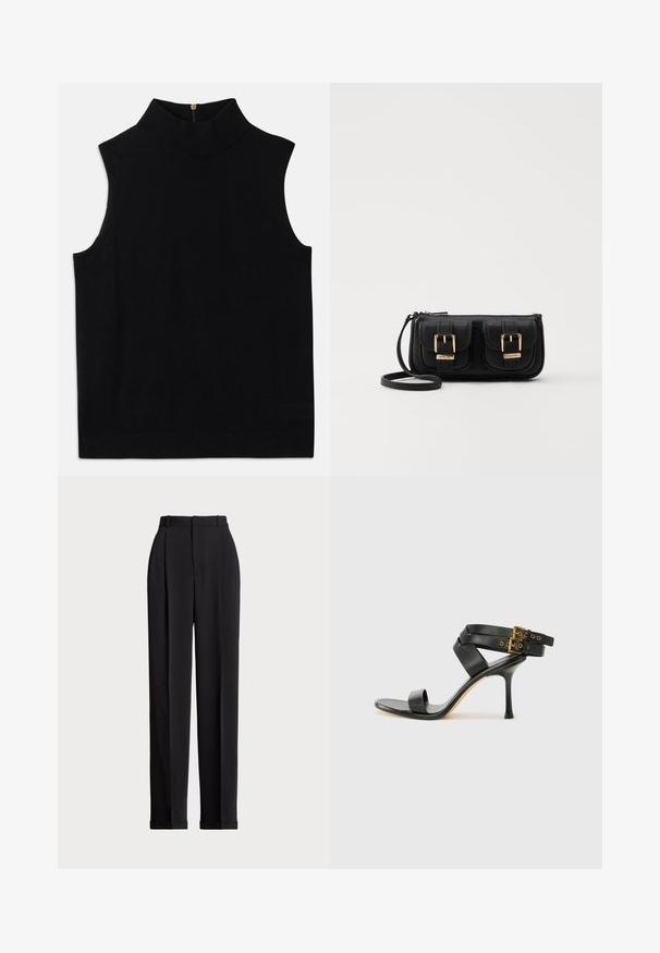 Črn brezrokavnik z visokim ovratnikom, izdelan iz mehkega materiala, ima zadrgo na hrbtu. Preprost dizajn brez vzorcev ali dodatkov.; Črne krojene hlače z visokim pasom, z naborki spredaj, ravnim krojem in manšetami na koncu. Narejene iz gladkega materiala.; Črne sandale na peto z križnimi trakovi in prilagodljivo zaponko. Imajo gladko teksturo in zožen peto.; Črna usnjena torbica čez ramo z dvema sprednjima žepoma, zlatimi zaponkami, zadrgo in ozkim pasom. Tekstura površine je strukturirana, obliko pa ima kompaktno pravokotno.