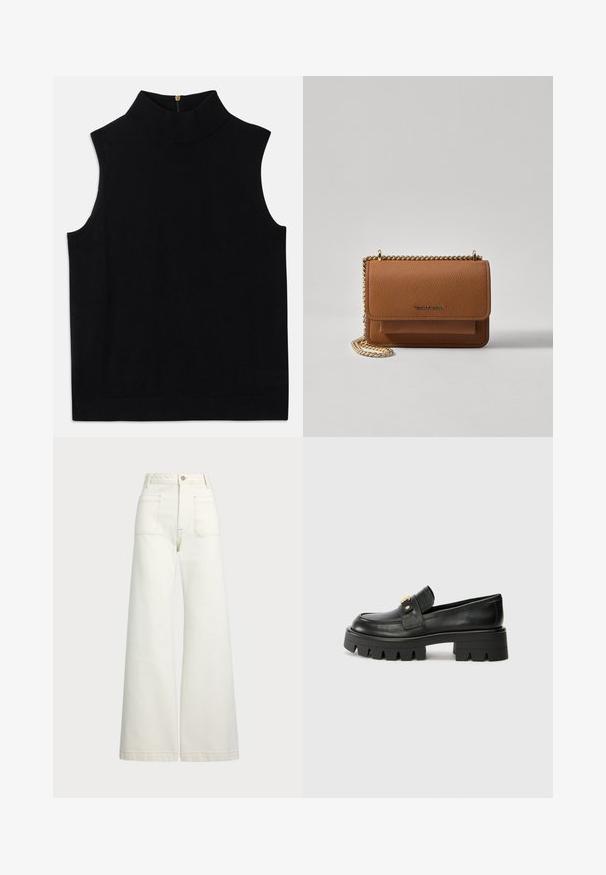 Schwarz ärmelloses Rollkragenoberteil aus weicher Material, mit hohem Kragen und einem Reißverschluss auf der Rückseite. Einfaches Design ohne Muster oder Akzente.; Weite Jeans aus off-white Denim. Hoch tailliertes Design mit Knopfverschluss, zwei Fronttaschen und kontrastierenden Stickdetails.; Schwarze Lederloafers mit einer klobigen Sohle, die an der Vorderseite ein goldfarbenes Akzent und eine glatte Oberfläche aufweisen. Klobiges Profil-Design auf der Sohle.; Braune strukturierte Ledertasche mit goldener Kettenriemen und Klappenverschluss. Die Vorderseite zeigt ein Logo-Detail und eine Tasche unter der Klappe.