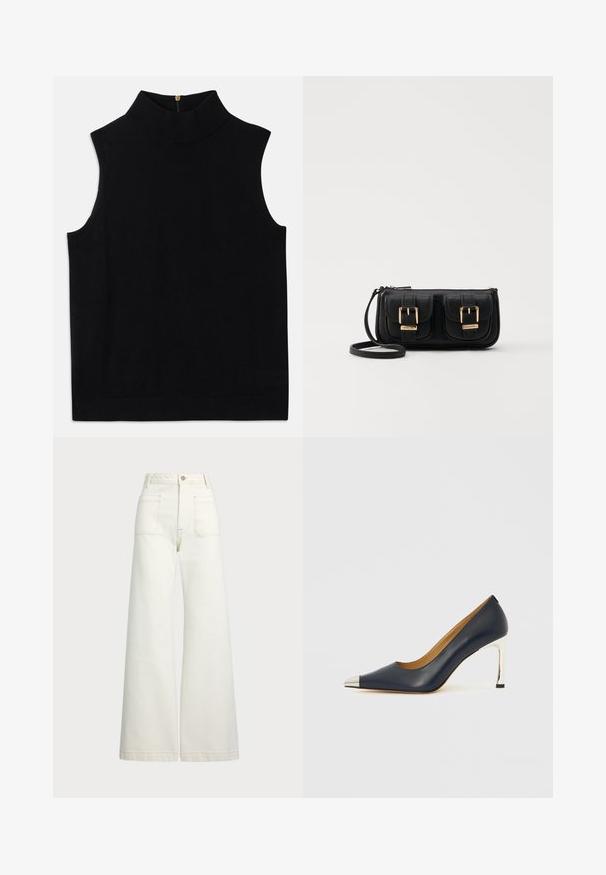 Schwarz ärmelloses Rollkragenoberteil aus weicher Material, mit hohem Kragen und einem Reißverschluss auf der Rückseite. Einfaches Design ohne Muster oder Akzente.; Weite Jeans aus off-white Denim. Hoch tailliertes Design mit Knopfverschluss, zwei Fronttaschen und kontrastierenden Stickdetails.; Dunkelblauer Leder-Pumps mit spitz zulaufender Vorderkappe, versehen mit einer silbernen Metallkappe und einem glänzenden silbernen Stilettoabsatz.; Schwarze Leder-Umhängetasche mit zwei vorderen Taschen, goldenen Schnallen, Reißverschluss und einem schmalen Tragegurt. Texturierte Oberfläche und kompakte rechteckige Form.