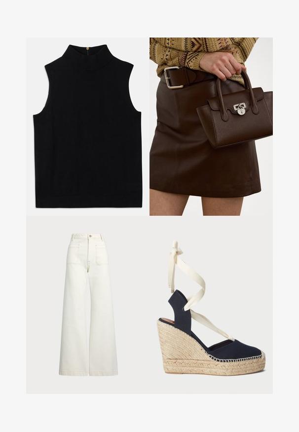 Svart ärmlös polotröja i mjukt material, med hög krage och dragkedja i ryggen. Enkel design utan mönster eller detaljer.; Vida jeans i off-white denim. Hög midja med knappstängning, två framfickor och kontrastsömnadsdetaljer.; Marinblå canvas kilklackssandal med espadrille-repsula och krämfärgade bandknytningar runt ankeln. Stängd häl och rund tådesign.; Brun läderhandväska med texturerad yta och silverdetaljer, hålls med en hand bredvid en brun läderkjol och en mönstrad tröja.