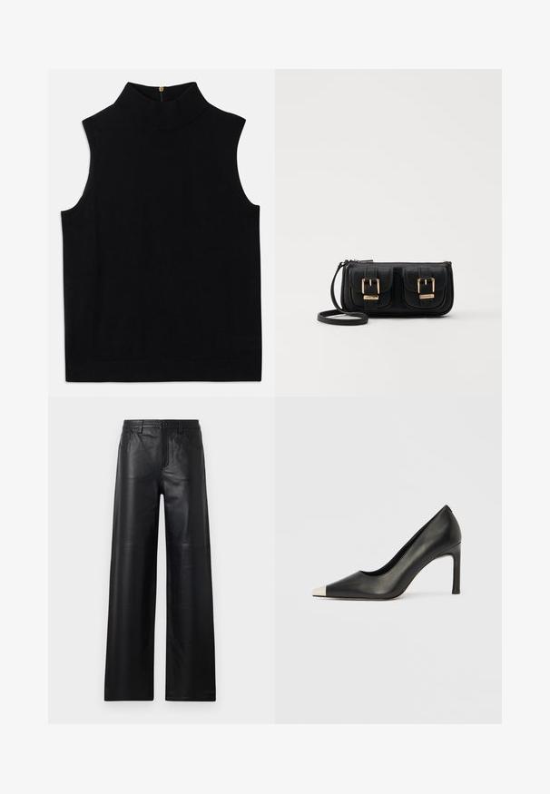 Black sleeveless turtleneck top made from soft material, featuring a high collar and a back zip closure. Simple design with no patterns or accents.; Wide-leg black leather pants with a smooth texture, featuring front pockets, a button closure, and subtle stitching details.; Black leather high heel shoe with a pointed toe and a metallic silver cap. Features a smooth finish and a slender 10 cm heel.; Black leather crossbody bag with two front pockets, gold buckles, zipper closure, and a slim strap. Textured surface and compact rectangular shape.