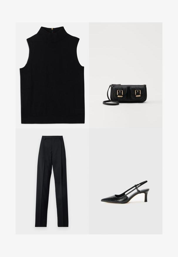 Top nero senza maniche a collo alto realizzato in materiale morbido, presenta una chiusura con zip sul retro. Design semplice senza motivi o dettagli.; Pantaloni neri realizzati in tessuto morbido, caratterizzati da vita alta, gambe larghe, pince frontali e classiche passanti per cintura. Non ci sono tasche laterali visibili.; Slingback con tacco in vernice nera con punta affusolata, caratterizzato da una stampa a serpente testurizzata, cinturino regolabile e un tacco corto e testurizzato.; Borsa a tracolla nera in pelle con due tasche frontali, fibbie dorate, chiusura con zip e una tracolla sottile. Superficie texturizzata e forma rettangolare compatta.