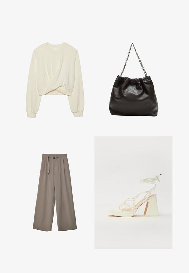 Kremasti skraćeni dukserica s dugim, uskim rukavima. Sadrži detalj s preklopom sprijeda i rebrasti rub. Mekana, glatka tekstura.; Široke hlače u mekoj, prigušenoj sivoj tkanini, s remenom na struku i plisiranim detaljima za dodatni dizajn. Glatka tekstura, bez uzoraka.; Bijela sandala na visokoj potpetici s debelim petom, s remenom i vezanjem oko gležnja. Glatka tekstura s platformom sprijeda za dodatnu visinu.; Smeđa kožna torba s naboranim vrhom i lančićem za nošenje. Glatka tekstura s sjajnim završetkom i suptilnim šavnim detaljima sa strane.
