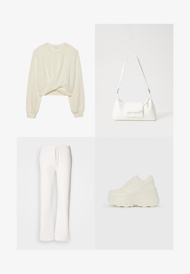 Cream, cropped sweatshirt with long, fitted sleeves. Features a twist detail at the front and a ribbed hem. Soft, smooth texture.; White, relaxed-fit sweatpants made of soft fabric, featuring an elastic waistband with a drawstring and straight-leg design.; White platform sneakers featuring a smooth leather-like upper, rounded shape, padded collar, and textured rubber sole with defined treads.; White synthetic handbag with a triangular shape, flat front flap and bow detail, adjustable strap, smooth texture, and minimalistic design.