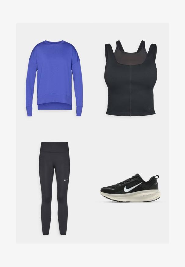 Lila pulóver hosszú ujjakkal, kerek nyakkivágással és enyhén ívelt szegéllyel. Puha, könnyű anyagból készült, sima textúrával.; Fekete sportrész a testhezálló kialakítása, széles pántjai és hálós borítása miatt. Sima tapintás és minimális varrások. Nike logó a szegélyén.; Fekete leggings elasztikus anyagból, magas derékkal és fehér Nike logóval a bal combon. Simább textúra, testhez álló kialakítás.; Fekete Nike futócipő légáteresztő hálós felsőrésszel, fehér Swoosh logóval, textúrázott részletekkel és krém színű ZoomX középtalppal.