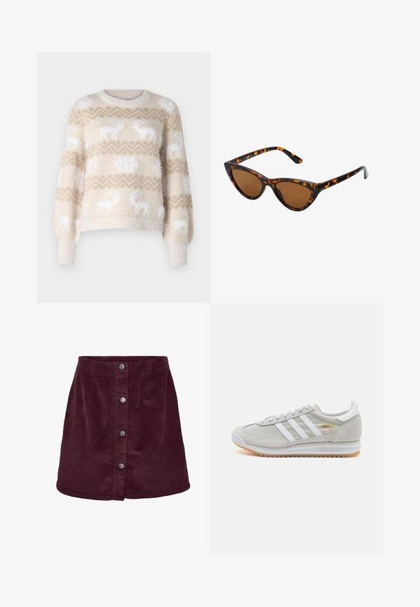 Helebeeži kudum, millel on valged põhjapõdrad ja lumehelvesemustrid, ümmargune kaelus ja soonikkoes varrukate otsad. Pehme tekstuur, lõdva lõikega.; Burgundia kautraka mini seelik A-laiusega, millel on viis hõbedast nööpi ees ja peen ribakonstruktsioon.; Heled hallid tossud, mis on valmistatud nubukist ja võrgust, millel on kolm valget triipu, ümmargune varvas ja kummist tald. Kuldne logoelement paelte lähedal.; Kassi vormiga prillid musta ja oranži kilpkonnakujulise raami, pruunide läätsede ja elegantsete teravate otstega. Templi juures on minimaalne logo.