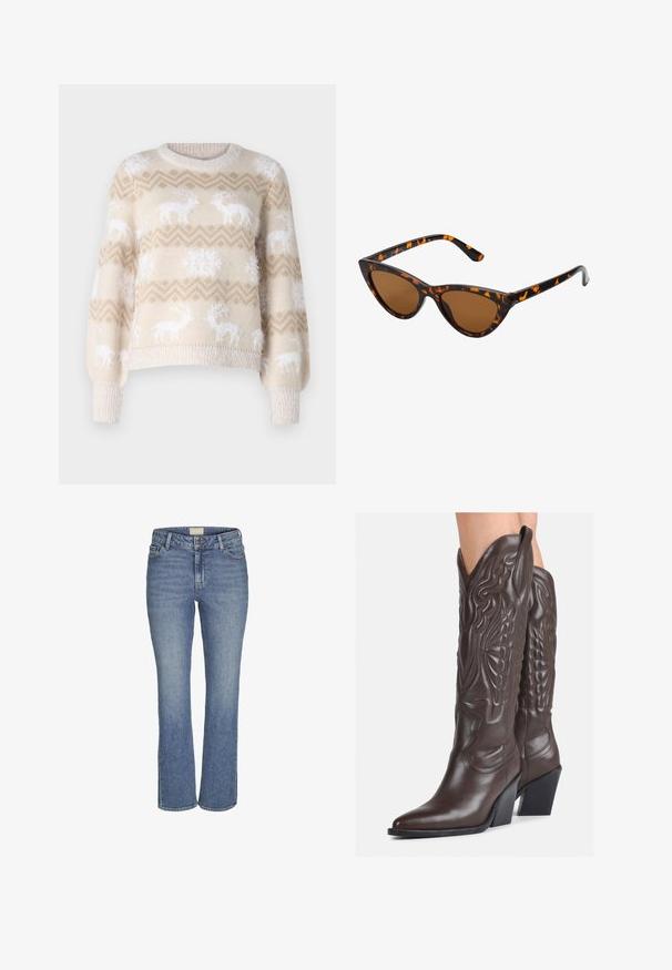 Hellbeige gestrickter Pullover mit weißen Rentier- und Schneeflockenmuster, rundem Ausschnitt und gerippten Bündchen. Weiche Textur, lässige Passform.; Mitteldicke, gerade geschnittene Jeans in Blau mit vorderem Knopf- und Reißverschluss, Gürtelschlaufen sowie Vorder- und Hintertaschen.; Braune Leder-Cowboy-Stiefel mit spitzem Punkt und Blockabsatz, die über detaillierte Stickereien und hervorgehobene Akzente am Schaft verfügen.; Katzenaugen-Sonnenbrille mit einem schwarz-orangenen Schildpattrahmen, braunen Gläsern und schlanken, spitzen Enden. Verfügt über ein minimalistisches Logo am Bügel.