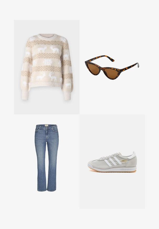 Világos bézs kötött pulóver fehér rénszarvas és hópehely mintákkal, kerek nyakkivágással és bordás mandzsettákkal. Puha textúra, laza szabás.; Középkék egyenes szárú farmernadrág elöl gombos és cipzáras záródással, övrésszel, valamint elülső és hátsó zsebekkel.; Világosszürke sportcipő velúr és hálós anyagból, három fehér csíkkal, kerek orral és gumi talppal. Arany logó dísz a fűzők közelében.; Cica szemüveg fekete és narancssárga teknőc pánttal, barna lencsékkel és sima, hegyes végekkel. A templomán egy minimalista logó található.