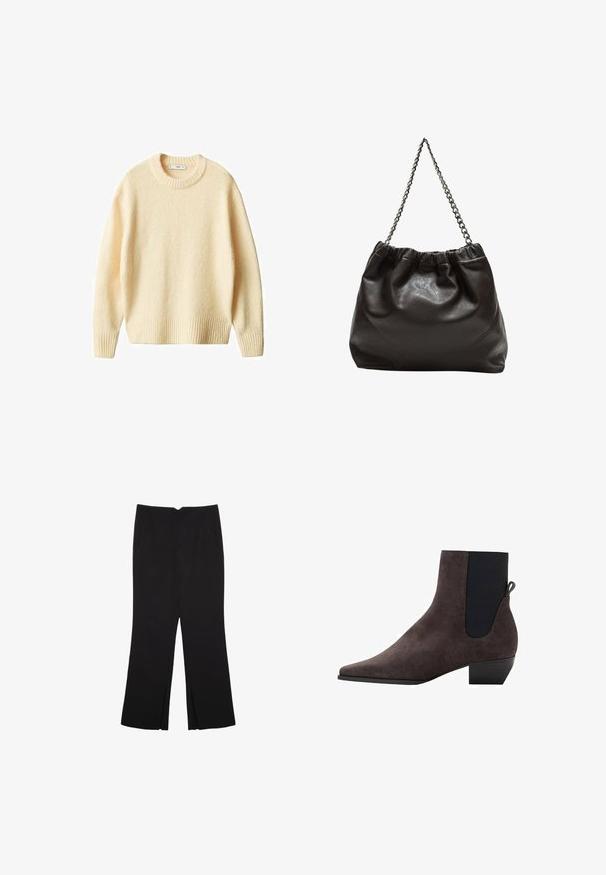Maglione di colore crema in maglia, con collo rotondo, polsini e orlo a coste. Texture morbida con una vestibilità leggermente ampia, caratterizzato da un design semplice e pulito.; Pantaloni neri a gamba dritta, con tasche frontali e spacchi laterali all'orlo. Realizzati in tessuto morbido e liscio. Adatti a diverse occasioni.; Stivale alla caviglia in suede grigio scuro con punta affusolata, pannelli laterali elasticizzati e tacco a piccolo blocco. Presenta un inserto sul retro per essere indossato facilmente.; Borsa in pelle marrone con parte superiore arricciata e tracolla a catena. Texture liscia con finitura lucida e dettagli di cucitura sottili sui lati.