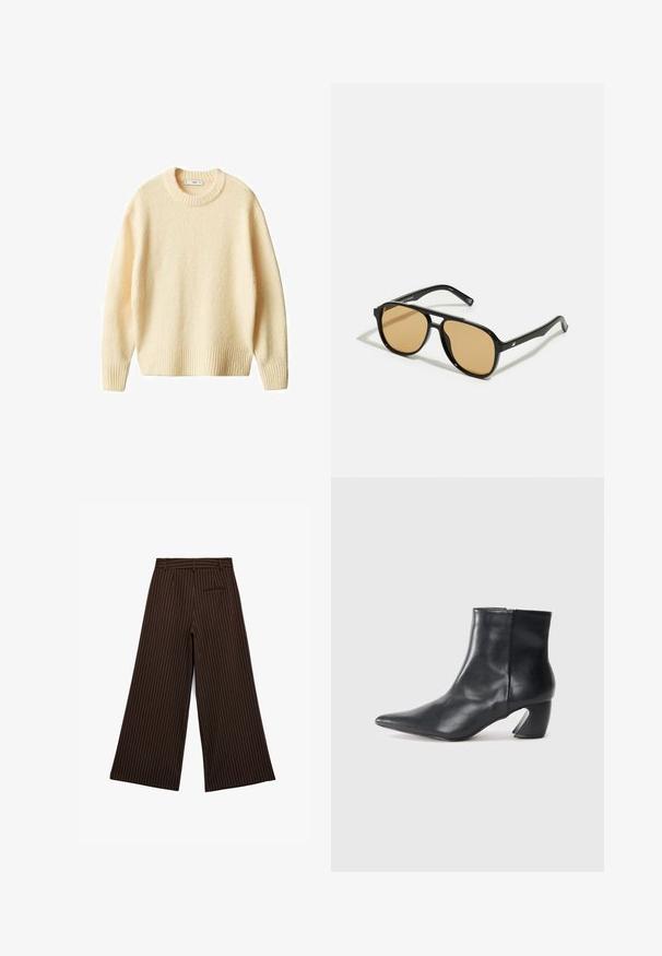 Cremefarvet strikket sweater med rund hals, ribbede manchetter og kant. Blød tekstur med en let løs pasform og et enkelt, rent design.; Brune brede bukser med hvide striber, der har en talje, bæltesløjfer og en baglomme. Glat tekstur og skræddersyet design.; Sorte læder ankelstøvle med spids tå, slank silhuet og en karakteristisk geometrisk blokhæl. Glat tekstur med lynlås i siden.; Sorte solbriller med brune tonede linser; rektangulær form med en tyk ramme, herunder diskrete hardwaredetaljer på stængerne.