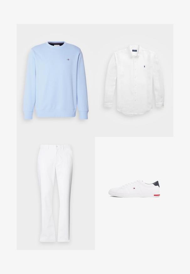 Svijetloplavi dukserica od mekog materijala, s okruglim izrezom, dugim rukavima i malim logotipom na prsima. Rebrasti završeci rukava i donji rub.; Bijela košulja dugih rukava od pamuka s ovratnikom na gumbe, s malim mornarsko plavim logotipom na lijevom prsnom dijelu i klasičnim kopčanjem na gumbe.; Bijele pamučne hlače ravnog kroja, s prednjim džepovima, jednim gumbom za zatvaranje i glatkom teksturom.; Bijele niske tenisice od glatke kože. Imaju mornarsko plavi kapica na peti i crvenu akciju na potplatu. Šest rupica za vezivanje.