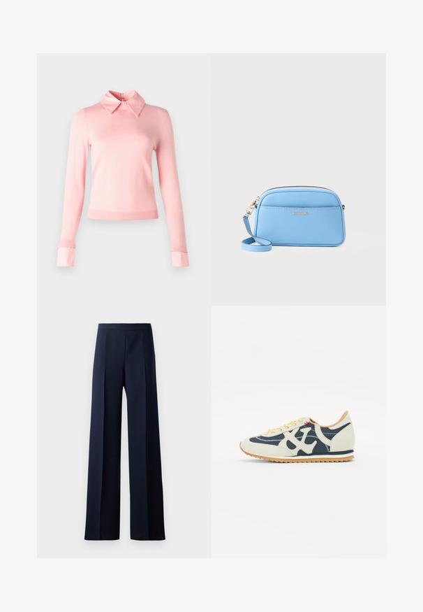 Alice + Olivia PORLA - Vesta - shell pink; Hlače širokih nogavica od tamnoplave tkanine, s glatkom teksturom, suptilnim prednjim naborima i prilagođenim strukom za elegantnu siluetu.; Tenisice s kombinacijom krem, tamnoplave i sueded materijala, s čipkastim dizajnom, dijagonalnim šavovima i gumenom potplatom s protukliznom površinom.; Svijetloplava kožna torba preko tijela s zlatnim detaljima, zatvaranjem na zip i prednjim džepom. Ima podesivu naramenicu za praktičnost.