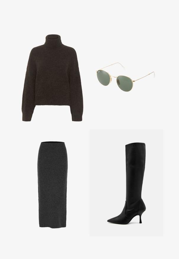 Gestuz ALPHA ROLLNECK - Pulover - molé; Pleteni svinčnik krilo v temno sivi barvi, srednje dolžine, z oprijeto obliko, gladko teksturo in elastičnim pasom za udobje.; Stuart Weitzman Škornji - black; Zlate sončne očala z zelenimi lečami, okrogle oblike, tanke ročice in bele plastične podrobnosti na konicah ročic.