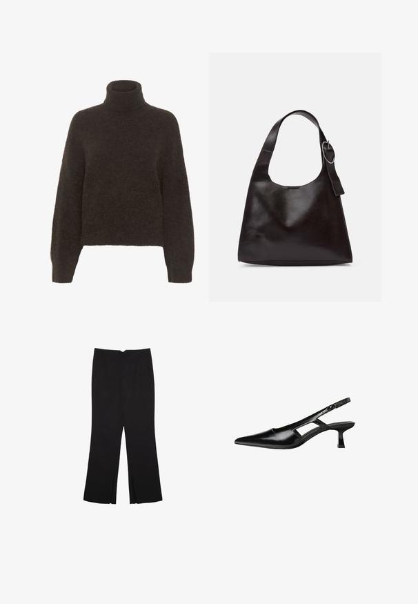 Gestuz ALPHA ROLLNECK - Strickpullover - molé; Schwarze Hose mit geradem Schnitt, ausgestattet mit Fronttaschen und Seitenschlitzen am Saum. Hergestellt aus weichem, glattem Stoff. Geeignet für verschiedene Anlässe.; Schwarze Lackleder-Slingback-High Heels mit spitzer Zehenform, ausgeschnittenem Seitendesign und kleinem Blockabsatz. Glatte Textur mit minimalen Akzenten.; Braune Lederumhängetasche mit glatter Textur, runder Form, breitem Tragegurt und metallischem, kreisförmigem Akzent am Griff.