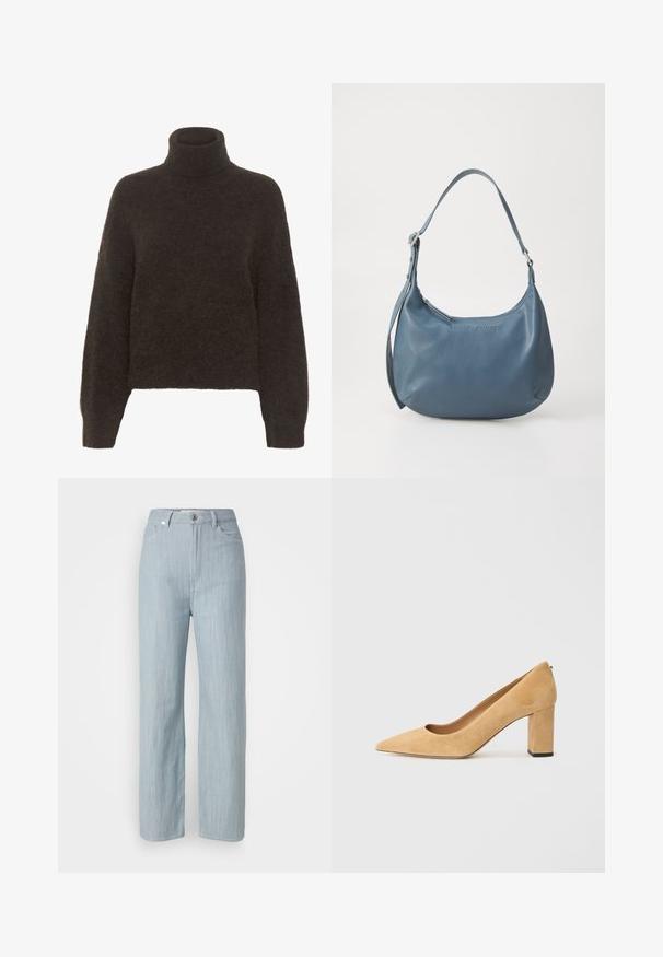 Gestuz ALPHA ROLLNECK - Strickpullover - molé; Helle blaue gerade geschnittene Jeans aus Denim. Verfügt über fünf Taschen, einen Metallknopfverschluss und dezente Waschungen für zusätzliche Textur.; Beige Wildleder-Pumps mit hohem Absatz, spitz zulaufend und mit einem klobigen Blockabsatz. Das Material hat eine weiche Textur mit einer glatten Oberfläche.; Blaue Lederhandtasche mit runder Form, einem Schulterriemen, Reißverschluss und eingeprägtem Markennamen auf der Vorderseite. Glatte Textur.