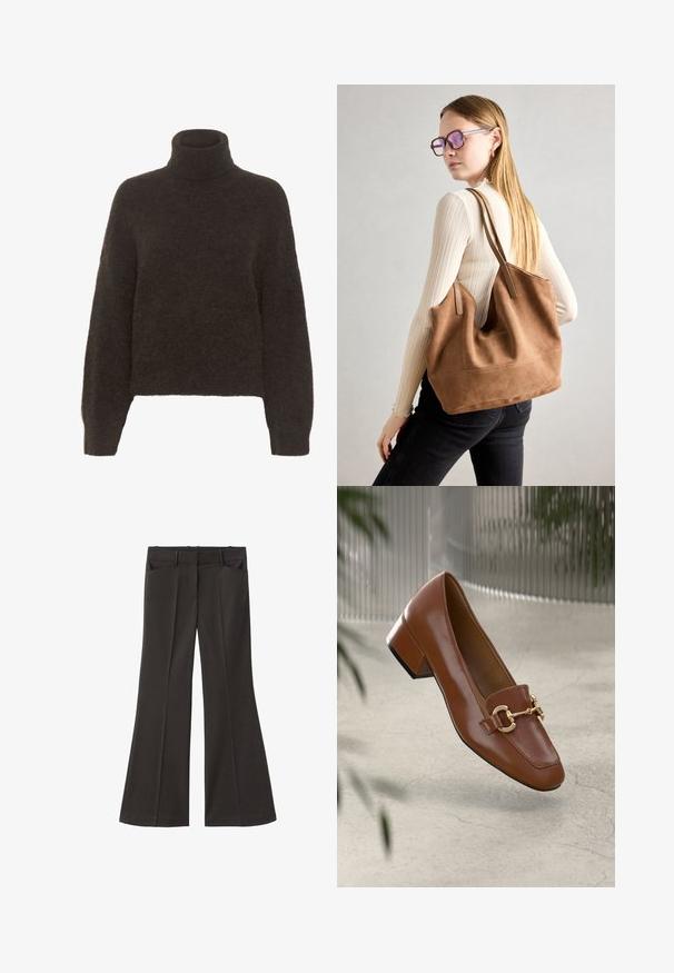 Gestuz ALPHA ROLLNECK - Strickpullover - molé; Schwarze, weit geschnittene Hosen mit hoher Taille; verfügt über zwei Fronttaschen und eine glatte Stoffoberfläche. Geeignet für verschiedene Anlässe.; Braune Lackleder-Loafer mit quadratischer Zehenpartie, metallischem Kettenakzent und niedrigem Blockabsatz; glatte Textur, minimalistisches Design.; Braune Wildleder-Tasche mit weicher Textur, großer Öffnung und langen Trägern. Sie verfügt über ein simples Design mit sichtbarem Stich und ohne Beschläge.