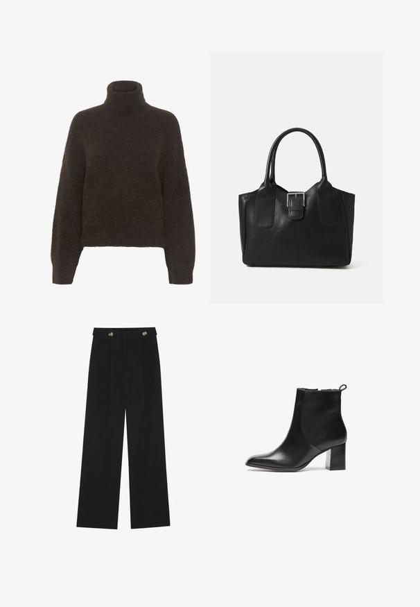 Gestuz ALPHA ROLLNECK - Stickad tröja - molé; Svarta vida byxor med hög midja, knäppdetaljer i midjan och framfickor.; Svart läderankelboot med rund tå, en medelhög klack i blockform och en dragflik baktill. Slät textur, minimal design.; Svart läder tote-väska med slät yta, strukturerad form, två handtag och en framträdande silverfärgad spänne på framsidan.