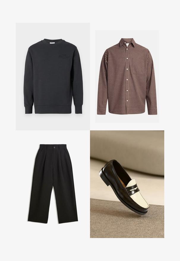 Černá mikina z bavlny s kulatým výstřihem, žebrovanými manžetami a lemem, s vyraženým logem na hrudi. Hladká textura.; Hnědé kostkované košile s dlouhými rukávy, s náprsní kapsou a bílými knoflíky na texturované látce.; Černé kalhoty s uvolněným střihem, s průhyby v přední části, bočními kapsami a zapínáním na knoflík. Vyrobené z texturované látky.; Černé kožené mokasíny s krémovým svrškem a černými akcentními pruhy, s nízkým podpatkem a detailním prošíváním podél okrajů.