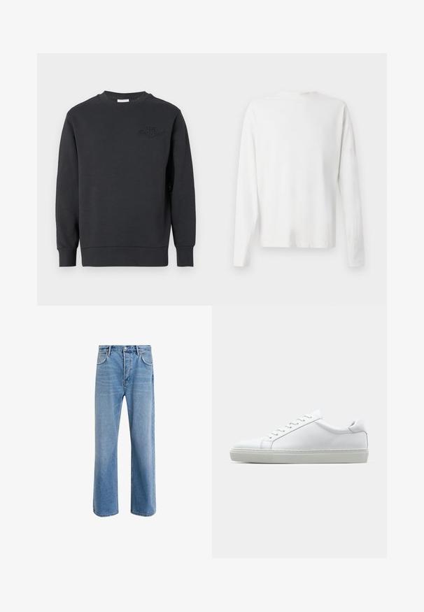 Black sweatshirt made of cotton, featuring a crew neck, ribbed cuffs and hem, with an embossed logo on the chest. Smooth texture.; Long-sleeved white cotton shirt with a round neckline, side slits at the bottom, and a smooth texture, displayed from the back.; Light blue denim jeans with a straight-leg design, five pockets, button closure, minimal fading, and contrasting stitching details.; White sneaker with a smooth leather upper and a low profile. Features a rounded toe, six eyelets, and a textured rubber sole.