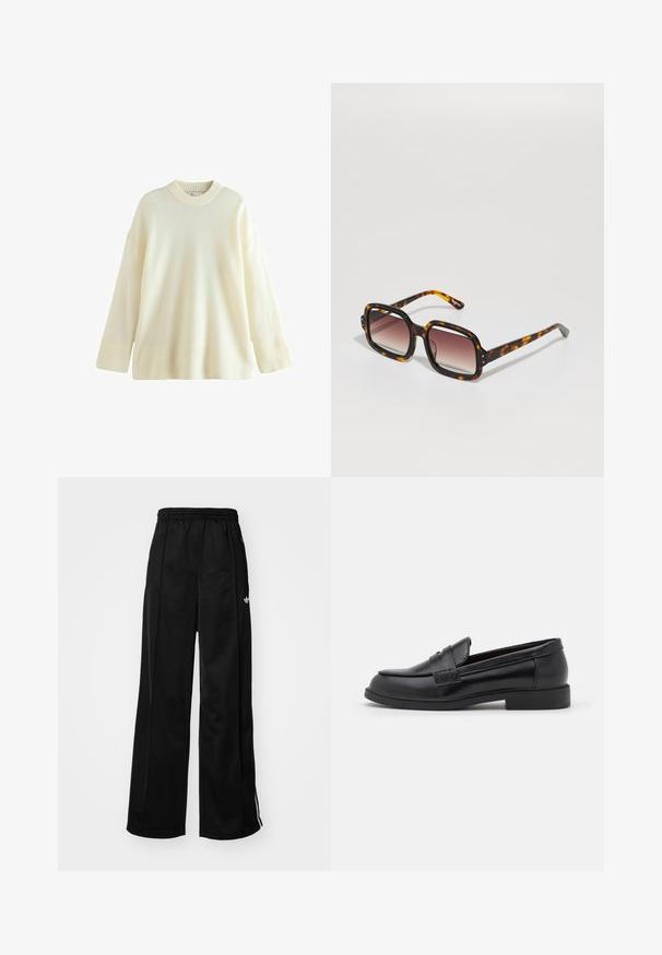 Maglione oversize color crema realizzato in tessuto morbido. Presenta un collo e dei polsini a coste, con un corpo liscio. Ideale per creare strati.; Set di tre t-shirt a maniche lunghe di colore bianco puro. Realizzate in tessuto leggero e morbido, con scollo rotondo e design semplice, senza decorazioni.; Pantaloni da tuta neri a gamba larga con vita elasticizzata, caratterizzati da strisce laterali bianche e un piccolo logo sull'anca sinistra. Tessuto liscio.; Mocassini in pelle nera con una superficie liscia, punta rotonda, dettagli cuciti sulla tomaia e suola piatta in gomma bassa.; Occhiali da sole quadrati tartarugati con lenti sfumate, caratterizzati da una montatura spessa e da sottili accenti in metallo sulla parte anteriore e sui lati.; Borsa hobo in pelle nera con una forma morbida e curvata. Presenta un ampio manico superiore e pieghe alla base per una texture morbida.