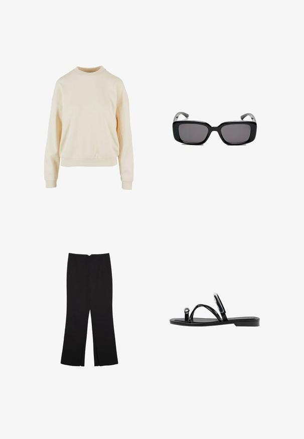 Krémový crewneck sveter s dlhými rukávmi, voľným strihom, rebrovanými manžetami a hladkou textúrou, zdôrazňujúci jednoduchosť v dizajne.; Čierne nohavice so strihom rovného strihu, s prednými vreckami a bočnými rozparkami na leme. Vyrobené z mäkkej, hladkej tkaniny. Vhodné na rôzne príležitosti.; Čierne ploché sandále s lesklým povrchom, tromi tenkými popruhmi a okrúhlou kovovou ozdobou na prste. Elegantný dizajn s minimálnym podpätkom.; Čierne obdĺžnikové slnečné okuliare s tmavými sklami, hladkým plastovým rámom a zakrivenými stranami. Dizajn je robustný s minimalistickou estetikou.