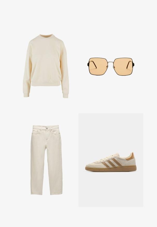 Kremowa bluza z okrągłym dekoltem, z długimi rękawami, luźnym krojem, ściągaczami przy rękawach oraz gładką fakturą, podkreślająca prostotę w designie.; Białe dżinsy o luźnym kroju, z prostymi nogawkami, pięcioma kieszeniami oraz metalowymi dodatkami z delikatną teksturą.; Beżowe zamszowe sneakersy z jasnobrązowymi akcentami. Posiadają trzy brązowe paski, teksturowaną gumową podeszwę oraz okrągły ksztalt czubka.; Kwadratowe okulary przeciwsłoneczne z brązowymi soczewkami i cienką, czarną metalową oprawą. Posiadają skośne zauszniki i regulowane noski dla większego komfortu.
