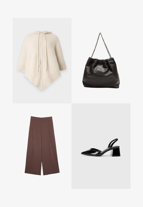 Pončo krem boje s kapuljačom, izrađen od mekanog tkanja. Ima rebraste rubove i prednji otvor sa vezicama.; Smeđe hlače širokog kroja s glatkom teksturom, koje imaju visok struk i nabore sprijeda. Tkanina je lagana i slobodno se kreće.; Crne lakirane kožne sandale s otvorenom petom i špicastim vrhom, s geometrijskom blok petom. Imaju elegantan, minimalistički dizajn i glatku teksturu.; Smeđa kožna torba s naboranim vrhom i lančićem za nošenje. Glatka tekstura s sjajnim završetkom i suptilnim šavnim detaljima sa strane.