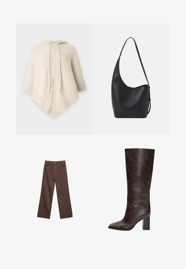 Krémovo sfarbené pončo s kapucňou, vyrobené z mäkkej látky. Má rebrované okraje a predné otvorenie so šnúrkami.; Džínsy s širokými nohavicami v hnedej farbe, vyrobené z denimu, so zvýšeným pásom, prednými vreckami a klasickým zapínaním na gombík. Hladká textúra s jemným prešívaním.; Hnedé čižmy z faux kože do výšky kolien s špicatou špičkou, textúrovaným povrchom a masívnym čiernym podpätkom. Hladký povrch, minimálne detaily.; Čierna kožená hobo taška so hladkou textúrou, zakriveným tvarom a jedným nastaviteľným popruhom; má široké otvorenie na vrchu.