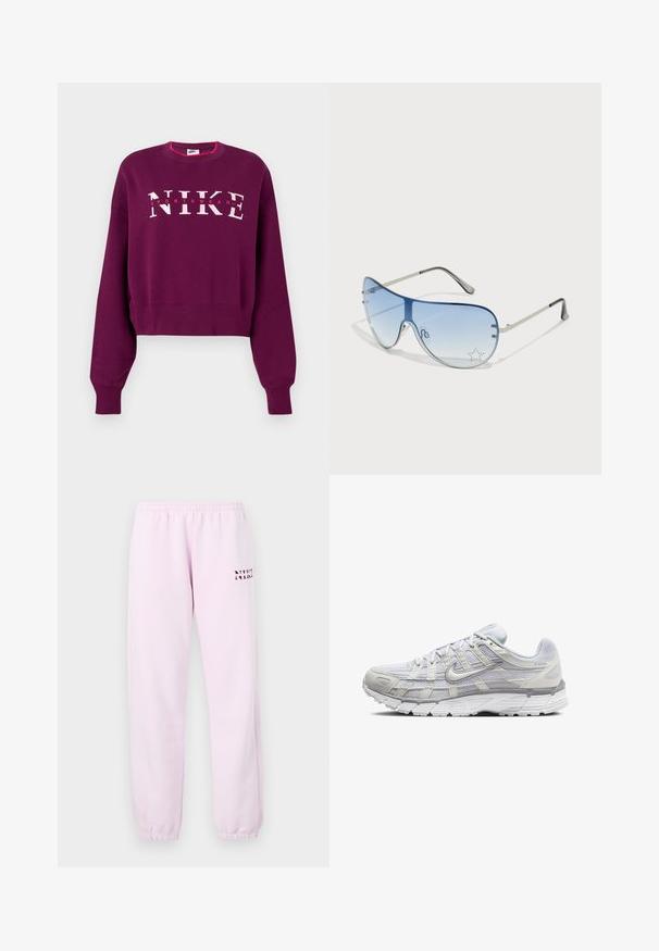 Sweatshirt roxo cropped com mangas longas, punhos canelados e logotipo "NIKE SPORTSWEAR" em rosa e branco na parte da frente.; Calças de fato de treino cor-de-rosa com uma cintura elástica, tornozelos com punho e um pequeno logótipo impresso na frente. Textura de tecido suave, estilo casual.; Sapatos atléticos cinza claro com parte superior em malha e sintético, apresentando um fecho de cordões, colarinho acolchoado e sola texturizada para aderência.; Óculos de sol aviador com lentes azuis em degradê, armação metálica prateada e detalhes decorativos de estrelas nas lentes. Design suave e elegante.