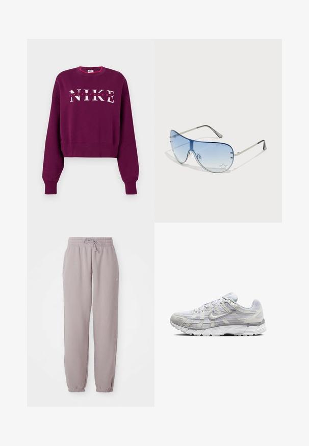 Μωβ κοντό φούτερ με μακριά μανίκια, ριγωτούς ιμάντες και λογότυπο "NIKE SPORTSWEAR" σε ροζ και λευκό διαγώνια στο στήθος.; Απαλά μωβ φούτερ παντελόνια με ελαστική μέση, κορδόνι, πλαϊνές τσέπες και ελαστικές μανσέτες, παρουσιάζονται επίπεδα σε λευκό φόντο.; Ανοιχτό γκρι αθλητικά παπούτσια με επάνω μέρος από πλέγμα και συνθετικό υλικό, διαθέτοντας κλείσιμο με κορδόνια, επενδεδυμένο προφιλέο και υφασμάτινη σόλα για καλύτερη πρόσφυση.; Γυαλιά ηλίου aviator με γκριδενά μπλε φακούς, ασημένιο μεταλλικό σκελετό και διακοσμητικά αστέρια στους φακούς. Λείος και κομψός σχεδιασμός.
