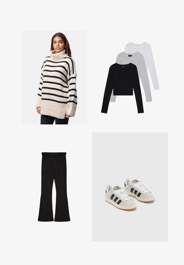 Elara Strickpullover - beige; Drei langärmelige Oberteile gestapelt: schwarz, grau und weiß. Jedes hat einen runden Halsausschnitt und ein kurzes Design aus glattem, leichtem Stoff.; Schwarze Schlagleggings aus dehnbarem Stoff. Sie verfügen über einen breiten Bund und eine glatte Textur, mit einer enganliegenden Silhouette, die am Saum ausgestellt ist.; Graue Wildledersneaker mit weißen Schnürsenkeln, schwarzen Streifen und einer weißen Gummisohle. Merkmale sind ein kreisförmiges Logo auf der Zunge und eine Gummisohle.