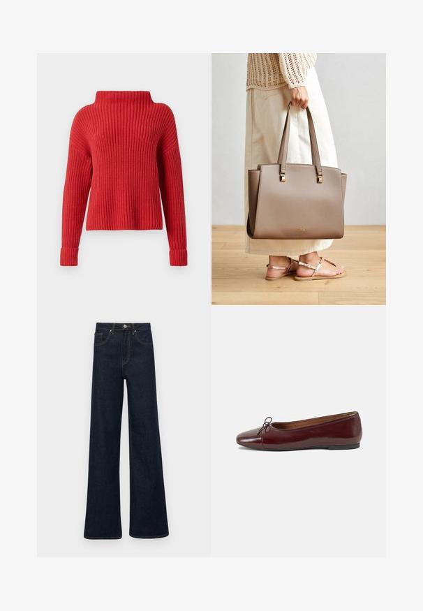 Czerwony sweter z dzianiny z wysokim kołnierzem, prążkowaną teksturą, długimi rękawami i dopasowanymi mankietami. Casualowy, pudełkowy krój, idealny do warstwowego noszenia.; Ciemnoniebieskie dżinsy typu wide-leg z przednimi kieszeniami, szlufkami na pasek i zapięciem na guziki.; Bordowe baleriny z lakierowanej skóry z zaokrąglonym noskiem, małą kokardką z przodu oraz niską, czarną gumową podeszwą. Gładka tekstura.; Brązowa syntetyczna torba na ramię z dwoma długimi uchwytami, kwadratowymi metalicznymi akcentami i subtelnym logo. Noszona z jasną spódnicą w kolorze kremowym i sandałami.