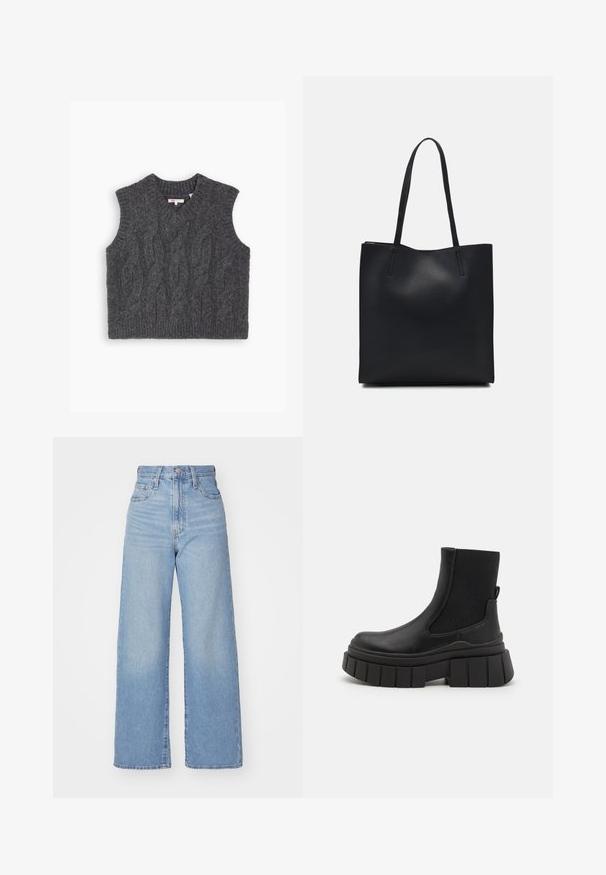 Gray knitted sleeveless sweater featuring a V-neckline, textured cable pattern, and ribbed hem. Made from a soft wool blend.; Light blue high-waist wide-leg jeans with front button and zip closure, front and back pockets, on a white background.; Black ankle boots made of smooth leather with elastic side panels, a chunky platform sole, and a textured tread design.; Black leather tote bag with smooth texture, rectangular shape, and two long handles. No visible hardware or embellishments.
