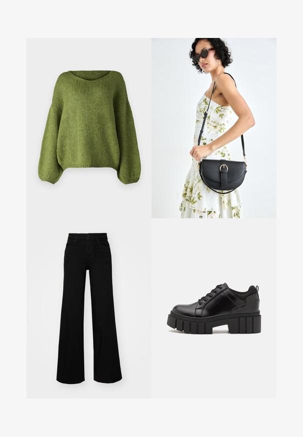 JDY JDYDINEA L/S REVERSIBLE - Džemperis - fern; Juodos plačios kelnės iš denimo, turinčios struktūruotą juosmenį, diržo kilpas ir priekines kišenes. Lygus paviršius su klasikinio dizaino elementais.; Juodi odiniai platformos batai su masyviu blokuota kulniuku, apvalia nosimi ir tradiciniu šnypštimo dizainu. Turintys glotnų paviršių ir minimalų dekoravimą.; Juodas odinis krepšys su išlenkta forma, nuimamu dirželiu ir auksiniais detalėmis. Krepšys turi kilpą su sagtimi.