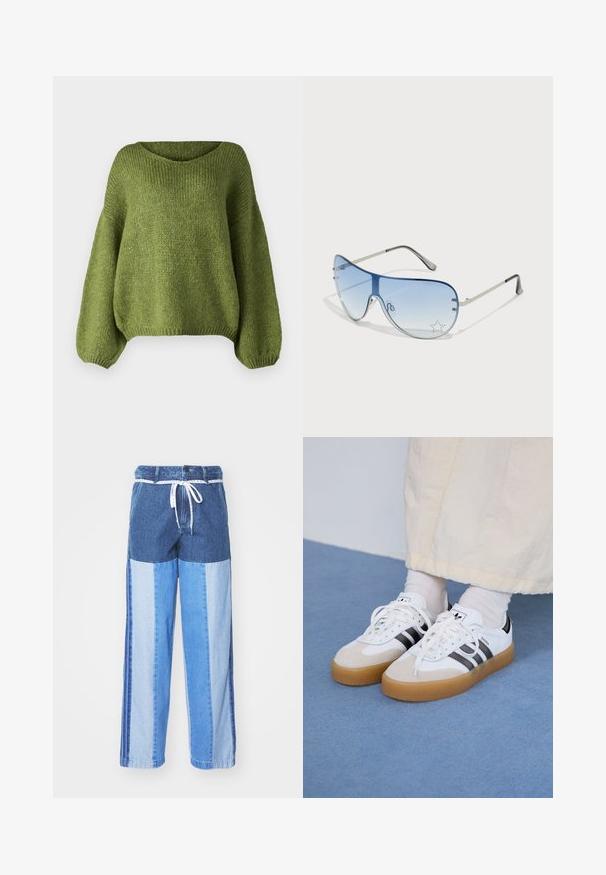 JDY JDYDINEA L/S REVERSIBLE - Strikkegenser - fern; Blå denimbukser med et lapperedesign i forskjellige nyanser av blått, snor i livet og løse, rette ben.; Hvite sneakers med svarte striper og beige semsket skinn-detaljer. Har en teksturert gummisåle og flate hvite snører, brukt med lyse sokker.; Pilotbriller med gradient blå linse, sølvfarget metallramme og dekorative stjerneaksenter på linsen. Glatt og stilren design.