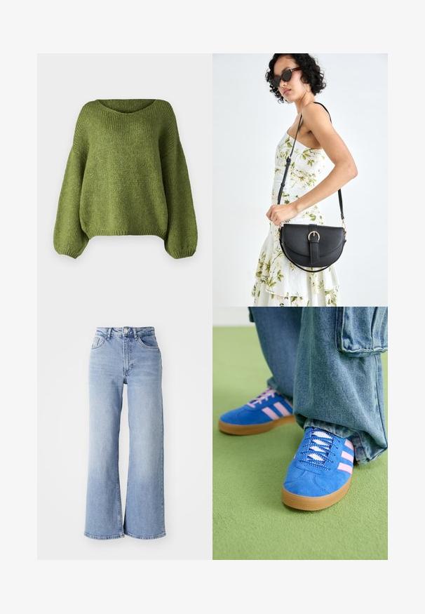 JDY JDYDINEA L/S REVERSIBLE - Vesta - fern; Svijetloplave traperice visokog struka širokih nogavica s prednjim i stražnjim džepovima, kopčanjem na gumbi i suptilnim izblijedjenjem na bedrima i rubovima.; Plave zamšne cipele s ružičastim prugama i bijelim vezicama, s gumenim potplatom, u kombinaciji s širokim trapericama na zelenoj podlozi.; Crna kožna torba s lukovitim oblikom, odvojivim remenom i zlatnim detaljima. Torba ima preklop s kopčom.