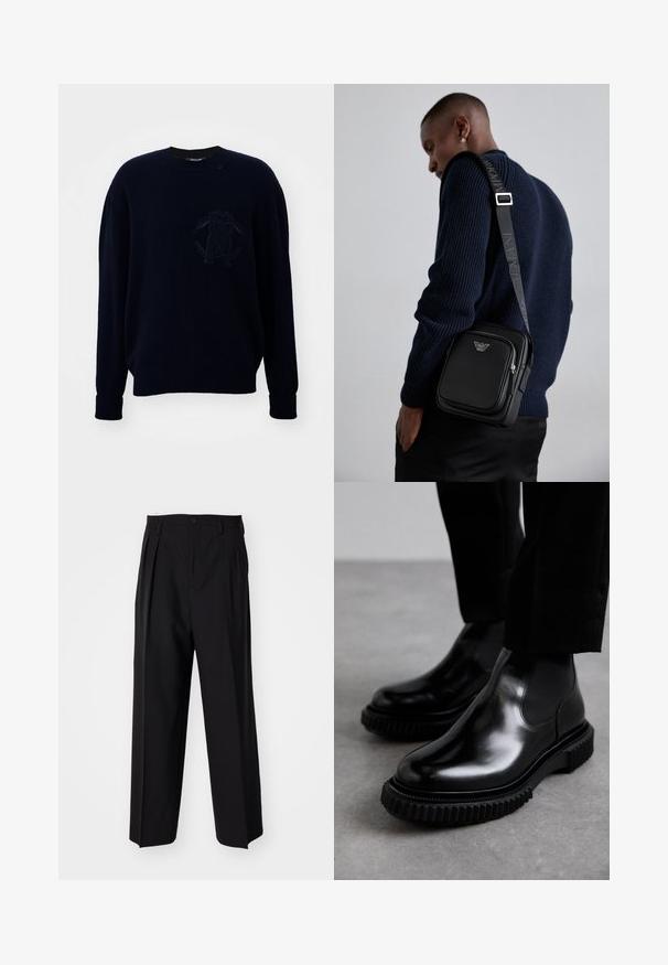 Roberto Cavalli Pulóver - nero; Fekete, pliszírozott nadrág, egyenes, széles lábakkal. Sima anyagból készült, gombos záródással és övhurkokkal rendelkezik.; Fekete bőr Chelsea csizma sima felülettel, elasztikus oldalsó panelekkel és vastag, textúrált gumitalppal, amely durva mintázattal rendelkezik.; Fekete bőr keresztpántos táska cipzáras rekesszel, logó részlettel és márkázott állítható pánttal. Egy texturált tengerészkék pulóver mellett viselve.