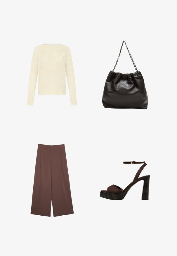 Cremefarbener Strickpullover mit weiter Ausschnittöffnung, langen Ärmeln und einem strukturierten Muster. Rippbündchen an den Ärmelenden und am unteren Rand.; Braune Weite-Leg-Hosen mit einer glatten Textur, hoher Taille und Vorderfalten. Der Stoff ist leicht und fällt locker.; Braune Wildleder-Pumps mit offenem Zeh, verstellbarem Knöchelriemen und gestreiftem Plateausohlen.; Braune Lederhandtasche mit gerafftem Oberteil und Kettenriemen. Glatte Textur mit glänzendem Finish und subtilen Nahtdetails an den Seiten.
