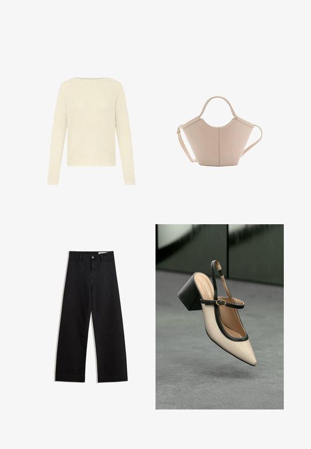 Crème-kleurige gebreide trui met een brede halslijn, lange mouwen en een gestructureerd patroon. Ribbelige zomen aan de mouwen en onderrand.; Zwarte denim broek met wijde pijpen en een hoge taille, voorzien van voor- en achterzakken, gestikte naden en een knoopsluiting. Gladde textuur.; Beige puntige slingback schoen met zwarte rand, gouden gesp en een chunky blokhak op een grijze vloer met een donker groene achtergrond.; Beige leren handtas met een unieke vorm, voorzien van twee korte handvatten en een lange verstelbare schouderriem. Glad oppervlak met minimale hardware.
