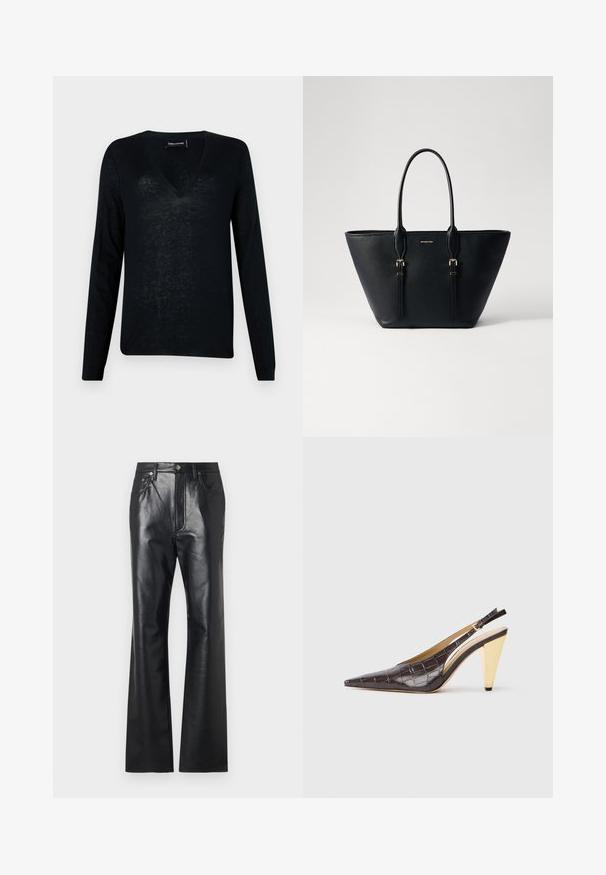 Czarny sweter z długim rękawem i dekoltem w kształcie V, wykonany z lekkiego, półprzezroczystego materiału o luźnym kroju i minimalistycznym wzornictwie.; Czarne skórzane spodnie o gładkiej teksturze, z szerokimi nogawkami, zamek błyskawiczny z przodu i z pętelkami na pasek. Zawierają subtelne akcenty w postaci przeszyć.; Sandały na obcasie z przeszyciem w ciemnym brązowym lakierowanym faux krokodyle. Posiadają złoty geometrzyczny obcas oraz regulowany pasek wokół kostki.; Czarna skórzana torba tote o teksturowanym wykończeniu, wydłużonym kształcie, podwójnych uchwytach i złotych akcentach z metalu.