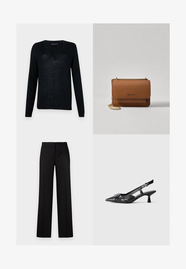 Black long-sleeve V-neck sweater made of a lightweight, semi-sheer material with a relaxed fit and minimalistic design.; Black tailored trousers with a straight-leg design, featuring a smooth texture, a flat waistband, and no visible hardware or embellishments.; Black leather slingback shoe with a pointed toe, decorative straps featuring metal eyelets, and a low block heel. Textured surface.; Brown textured leather crossbody bag with gold chain strap and flap closure. Front features logo detail and a pocket under the flap.