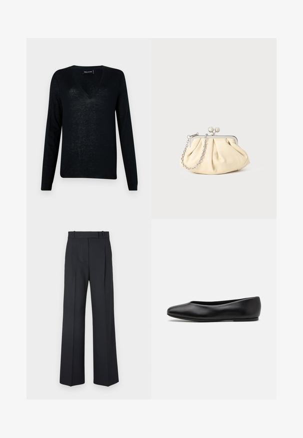 Black long-sleeve V-neck sweater made of a lightweight, semi-sheer material with a relaxed fit and minimalistic design.; Dark blue pinstriped trousers with a high waist, wide leg design, and no visible hardware or embellishments. Smooth texture and tailored fit.; Paul Smith TOPANGA - Ballet pumps - black; Pleated beige leather clutch with a silver metal frame, featuring two round decorative clasps and a silver chain strap.