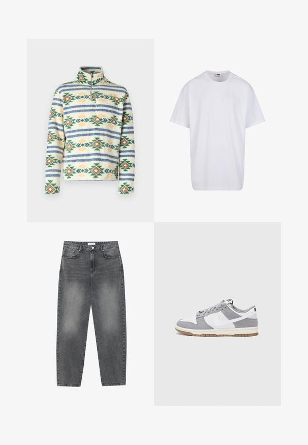 Jack & Jones JORIBIZA HALF ZIP - Flisinis džemperis - bright white; Balta medvilninė marškinėlių užsagėlė su trumpomis rankovėmis, apvaliu kaklu, laisva forma ir be matomų logotipų ar raštų. Lygi tekstūra ir minimalus dizainas.; Aukštai juosmeniu, laisvai krentančios džinsai iš blukusių juodų džinsų. Savybės: penki kišenės, diržo kilpos ir švari, tiesi kojų dizainas.; Pilka ir balta sportinė avalynė su zomšiniu ir odiniu viršumi, suapvalintu pirštu, plokščiomis raištelėmis ir guminėmis padais su guminiu akcentu.