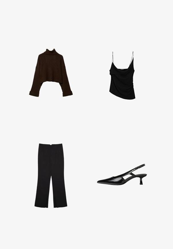 Hnědý zkrácený žebrovaný rolák s dlouhými rukávy a texturovaným pleteným vzorem. Má široké manžety a vypasovaný límec.; Černá tílko s tenkými nastavitelnými ramínky, s volným předním dílem a nabraným bočním detailem, vyrobené z lehkého materiálu.; Černé kalhoty s rovným střihem, s předními kapsami a bočními rozparky na lemu. Vyrobené z jemné, hladké tkaniny. Vhodné na různé příležitosti.; Černé lakované lodičky na podpatku se špičatou špičkou, výřezovým designem na boku a malým čtvercovým podpatkem. Hladká textura s minimálními akcenty.